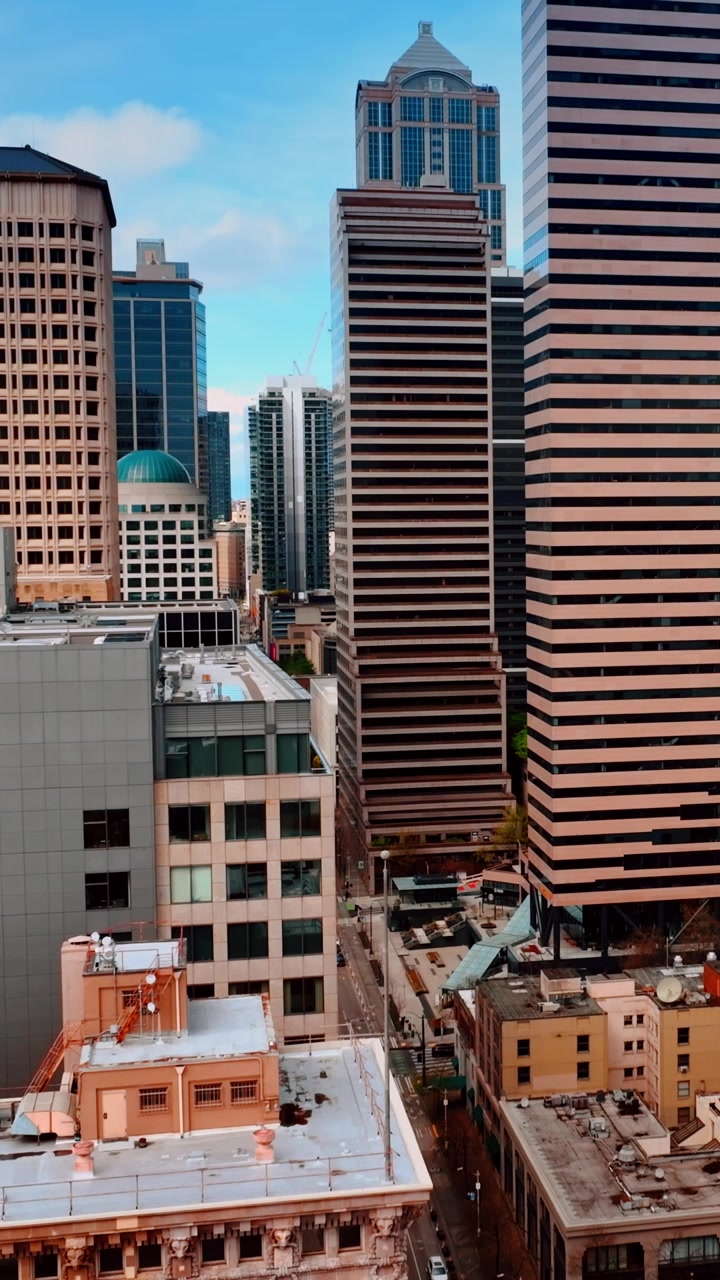 Edifici d'epoca e moderni grattacieli nel centro di Seattle, Stato di Washington, USA. Drone che sale lungo la splendida architettura. Video verticale