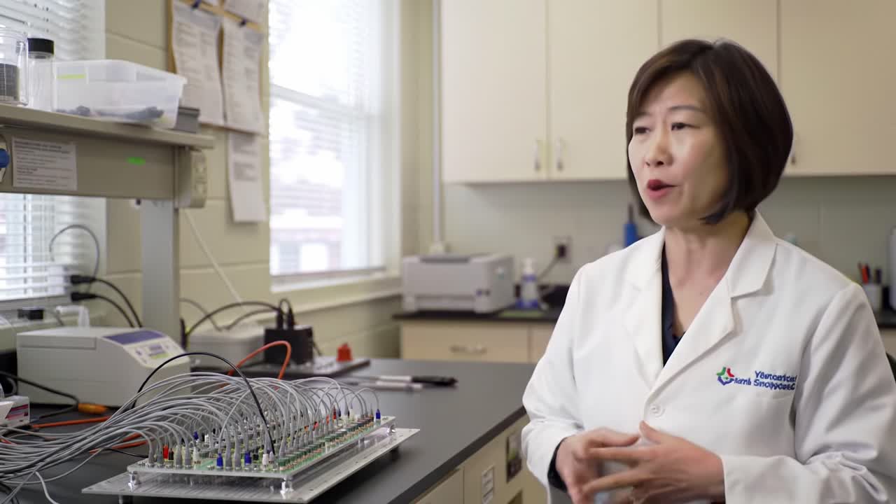 A researcher in a lab coat discusses advancements in technology that enhance scientific experimentation. The setting includes various lab equipment highlighting innovation in research methods.