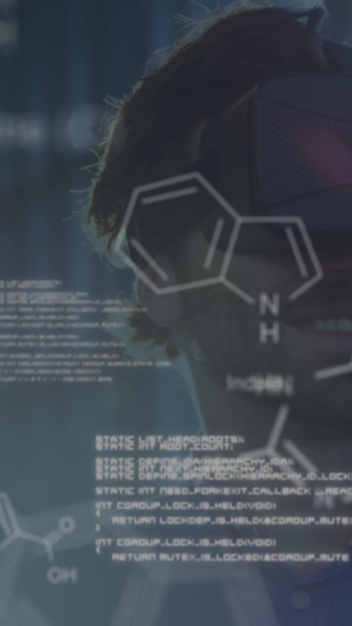Animazione di elaborazione dati e formula chimica su scienziati diversi