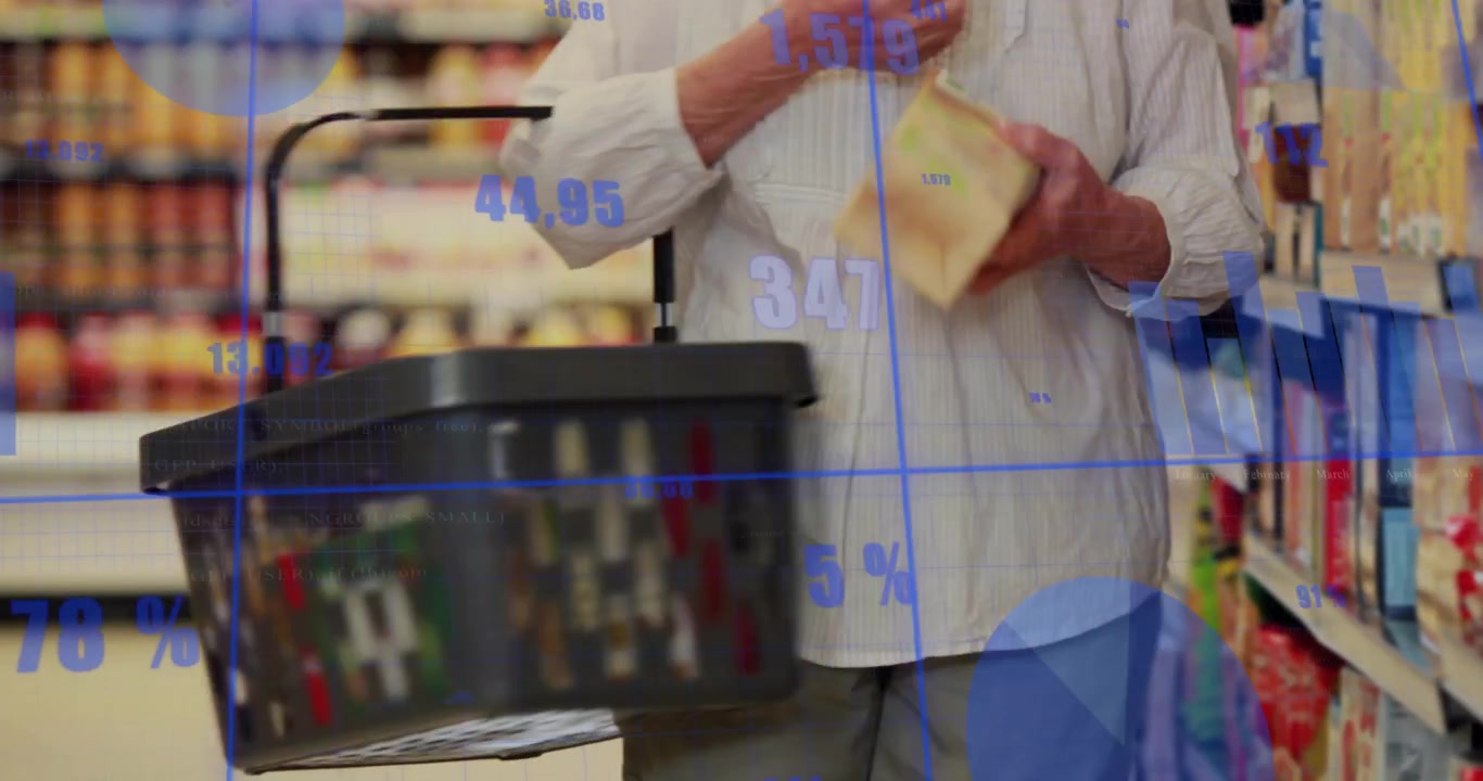 Superposición de datos que aparece mientras una mujer hispana mayor camina por el pasillo con una cesta, rastreando sus compras.