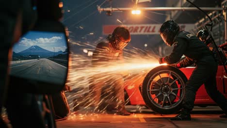 high-energy pit stop: mechanics repairing a race car while sparks fly, set against a dramatic mountainous landscape in the background