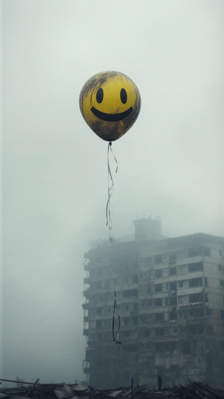 A video still shows a weathered smiley balloon floating amid a foggy, desolate urban landscape