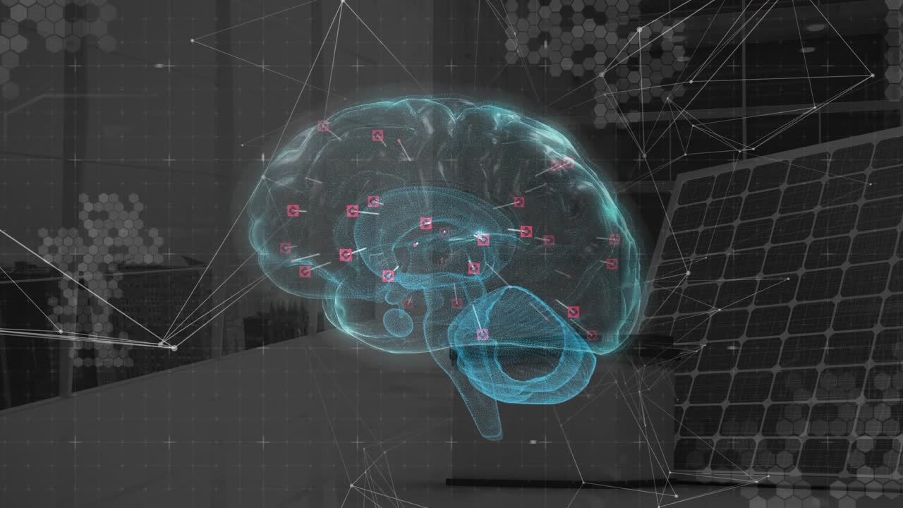 On data input, holographic brain model appearing, rotating, revealing magenta nodes for analysis