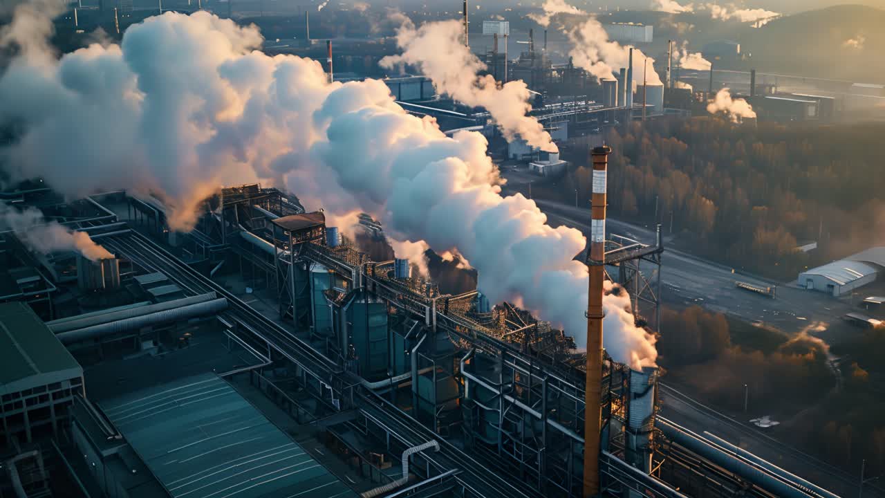 Aerial View of Industrial Plant with Smoking Chimneys