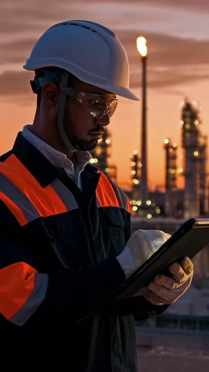 Engineer in Hard Hat Using Tablet at Industrial Plant at Dusk
