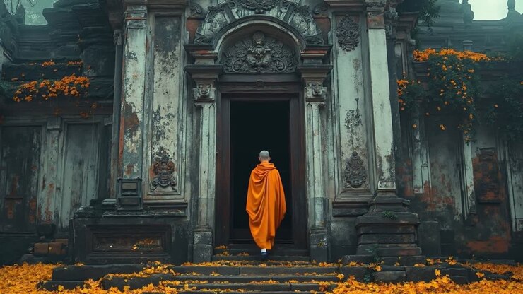 A man in an orange robe walking up some steps in front of a building