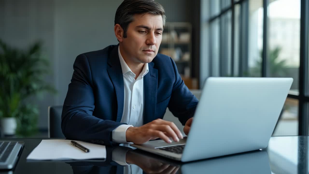 Starting report businessman in navy suit typing on silver laptop at office desk, with notepad pen