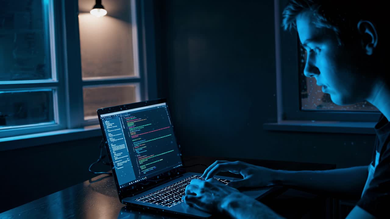 Programming late at night in a softly lit room, completely immersed in intricate coding tasks and problem-solving challenges
