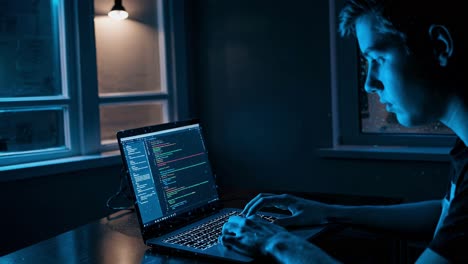 programming late at night in a softly lit room, completely immersed in intricate coding tasks and problem-solving challenges