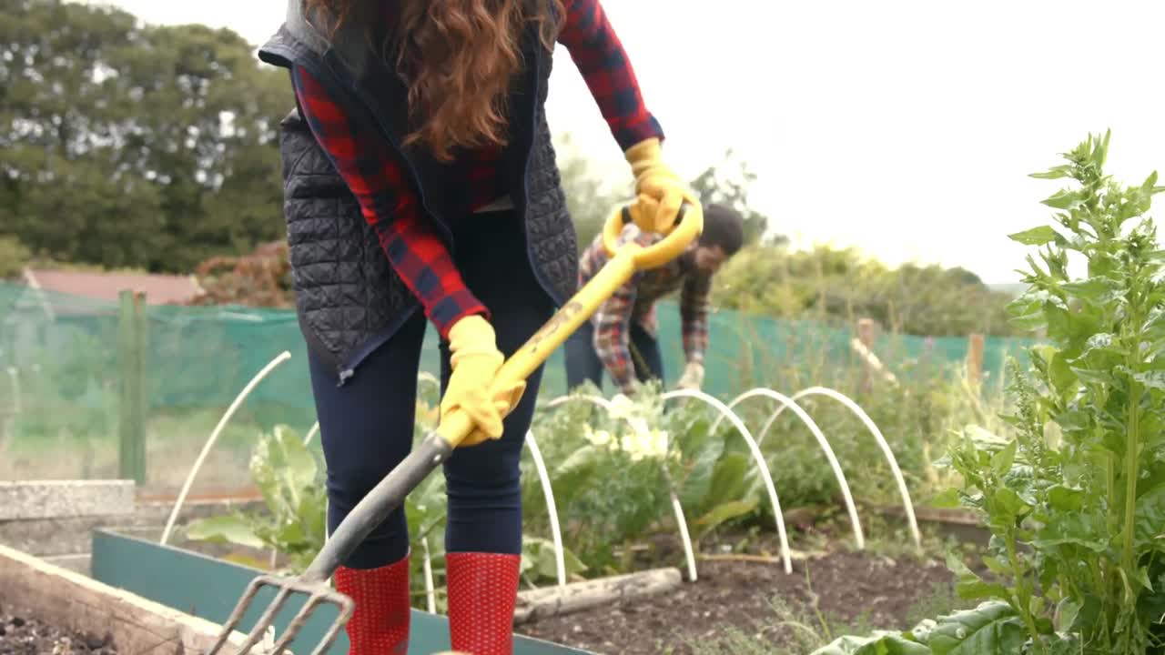 una pareja joven haciendo jardinería.