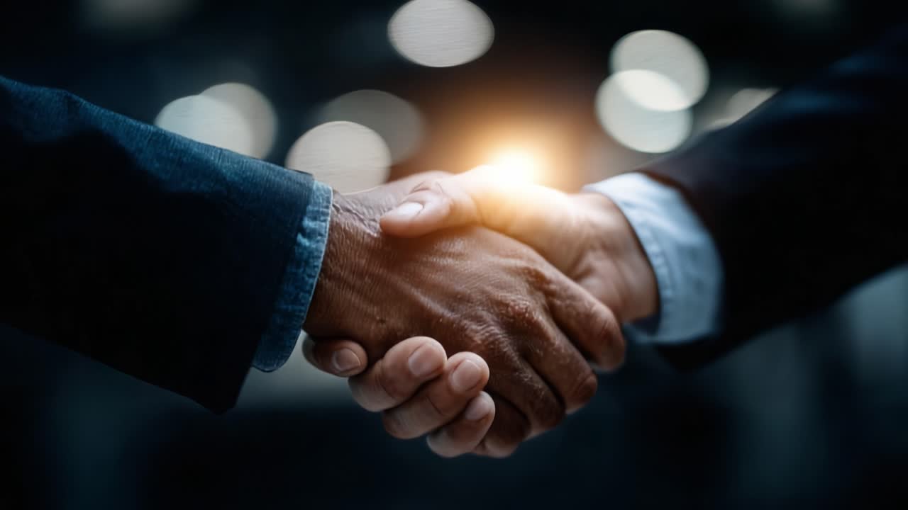 A Close-Up of Two Hands Engaged in a Firm Handshake in a Professional Setting, Symbolizing Agreement, Cooperation, and Mutual Understanding, Abstract Bright Background