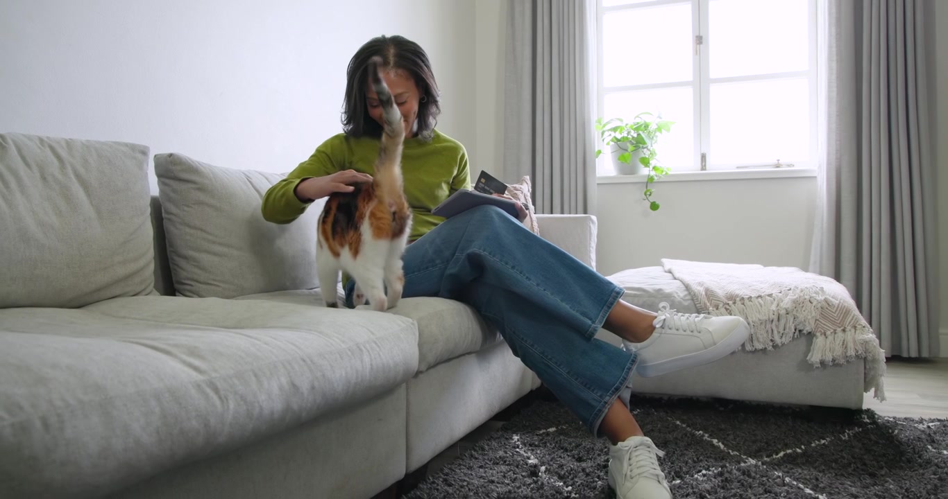 Afroamerikansk kvinde bruger tablet, går hen til sofaen derhjemme, sætter sig og kæler med en trefarvet kat for at slappe af.