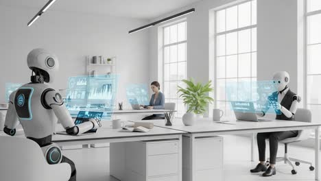 a futuristic workspace showcasing advanced robots working alongside humans in a sleek, modern office environment filled with natural light and state-of-the-art technology