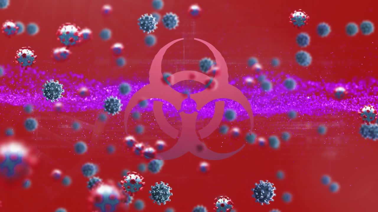 Animation of virus cells over biohazard symbol and purple spots on red background