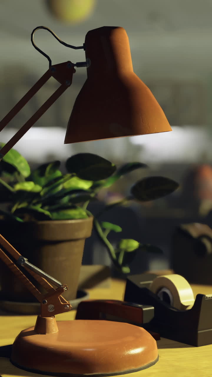 Desk setup with lamp and plant in a classroom environment during daytime