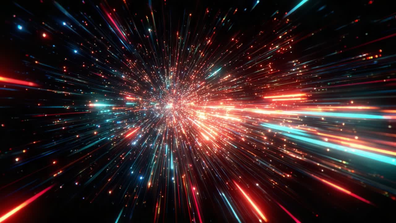 Dynamic Burst of Colorful Light Particles Creating a Stunning Visual Display of Energy and Motion, Evoking a Sense of Speed and Vibrancy in a Dark Space