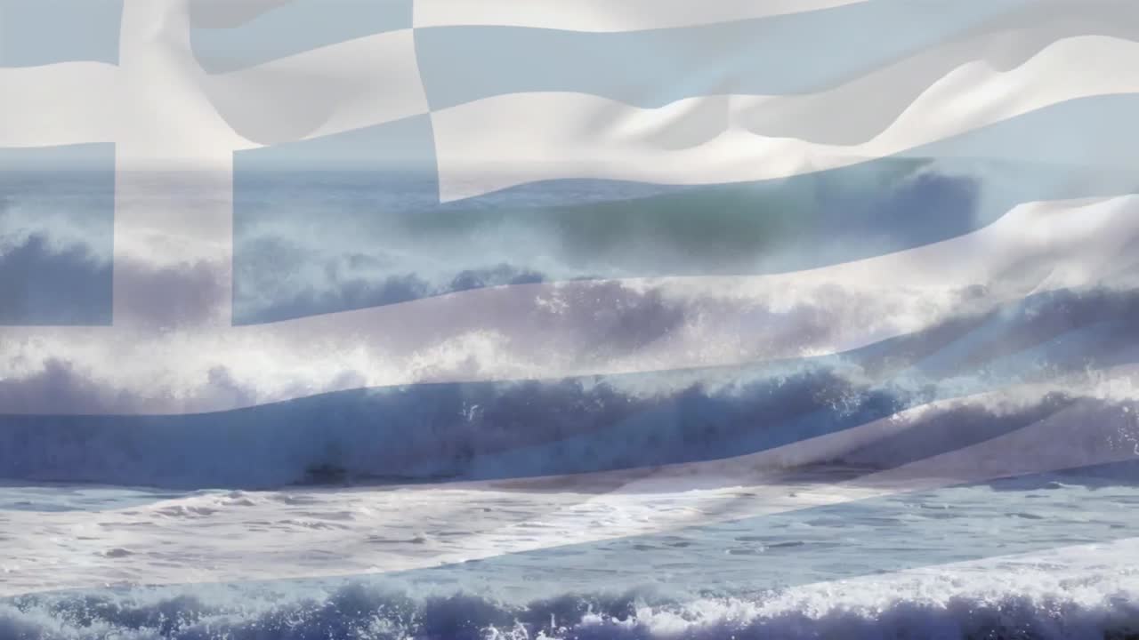 animación de la bandera de grecia ondeando sobre el paisaje marino