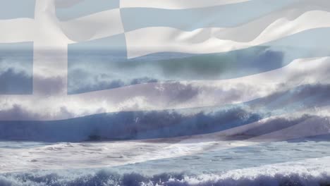 Animación-De-La-Bandera-De-Grecia-Ondeando-Sobre-El-Paisaje-Marino.