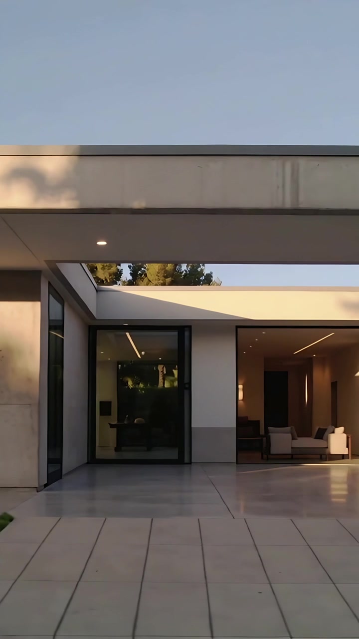 Vídeo vertical: Início de panorâmica para a direita, câmera movendo-se pela fachada moderna de uma casa, mostrando o pátio.