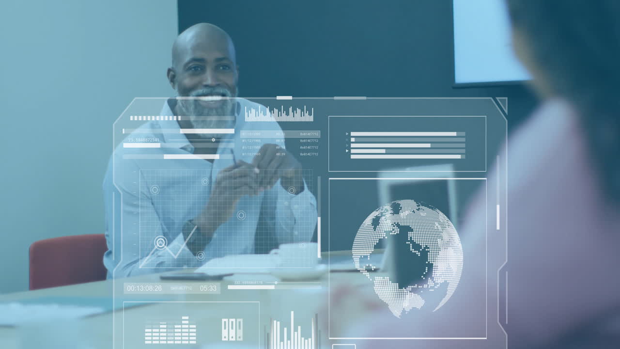 Animation of charts processing data over happy diverse colleagues talking at office