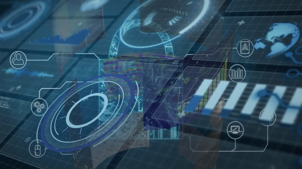 animación de la interfaz con el procesamiento de datos y el icono de candado de seguridad contra fondo azul.