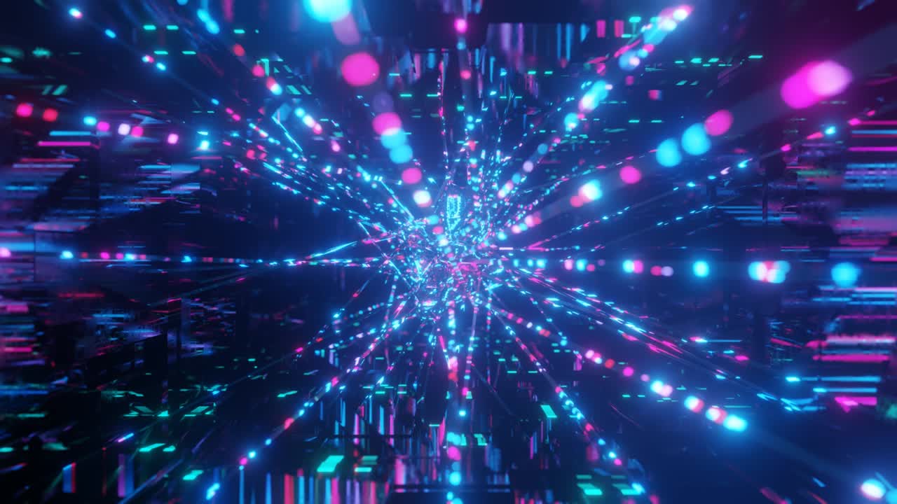 Beam structure. 3d object or structure rotates and moves inside glass mirror tunnel with neon light, bright reflections. Fantastic abstract bg in 4k. Vj for show. Sci fi bg fly through hi tech tunnel