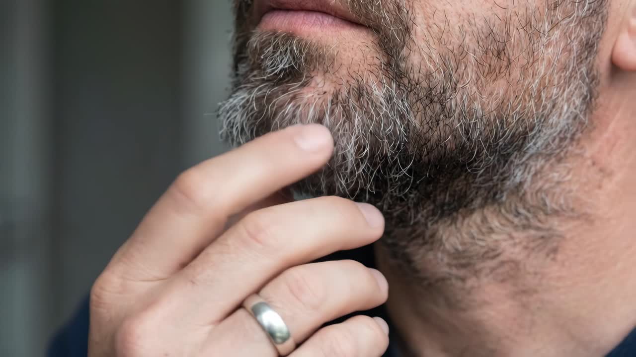 灰色のひげを優しく触る成熟した男性
