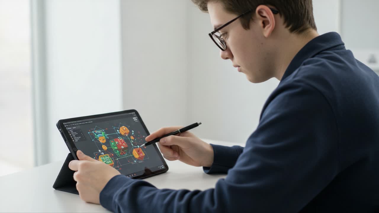 A focused individual using a tablet with a stylus to create digital designs, showcasing a blend of technology and creativity in a modern workspace