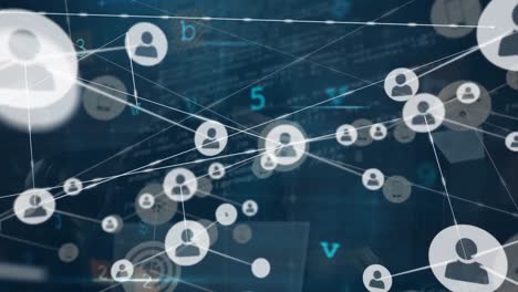 animación de la red de conexiones con iconos y procesamiento de datos sobre hacker