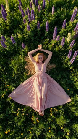 woman in pink dress lying in a field of purple flowers