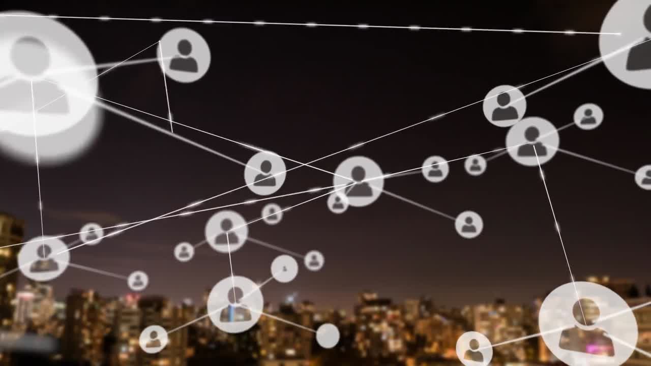animación de la red de conexiones con las personas iconos sobre el paisaje urbano