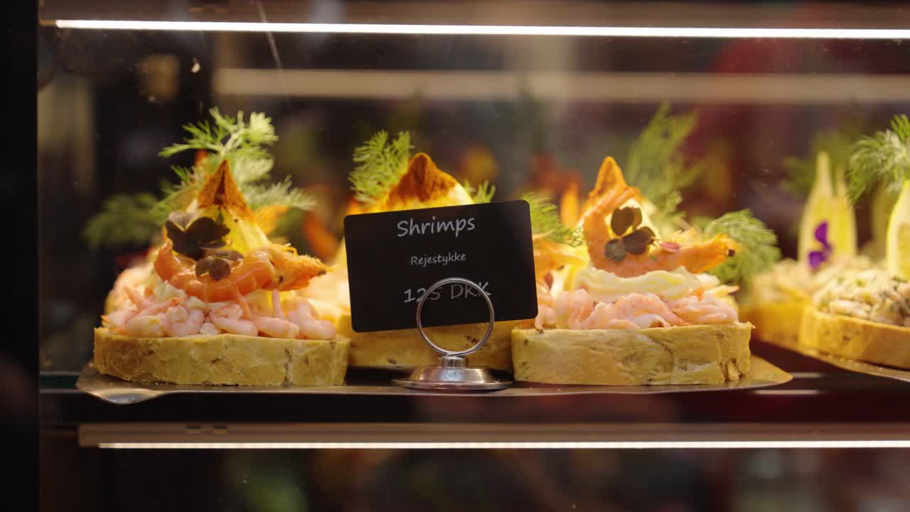 Creative Danish shrimp sandwich close up with price tag in front, Copenhagen