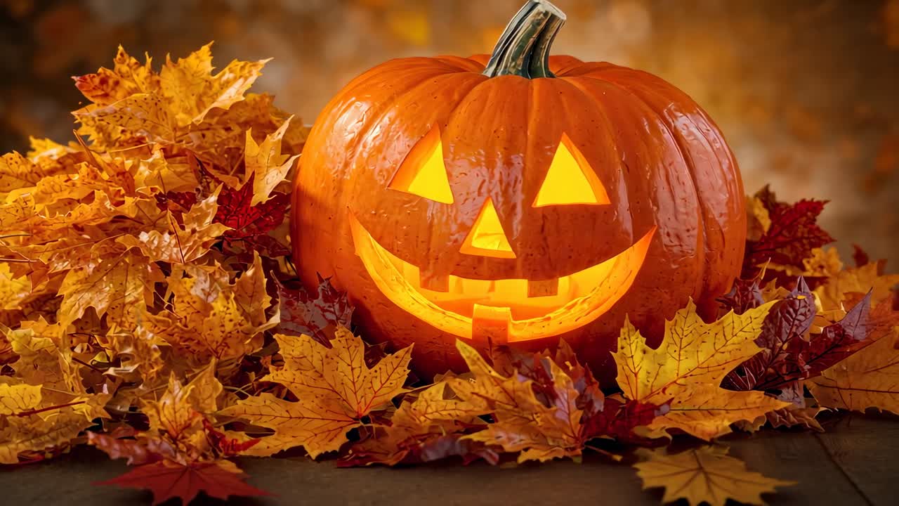 Flickering candle lighting jack-o'-lantern on wood table, with fallen leaves adding autumn vibe
