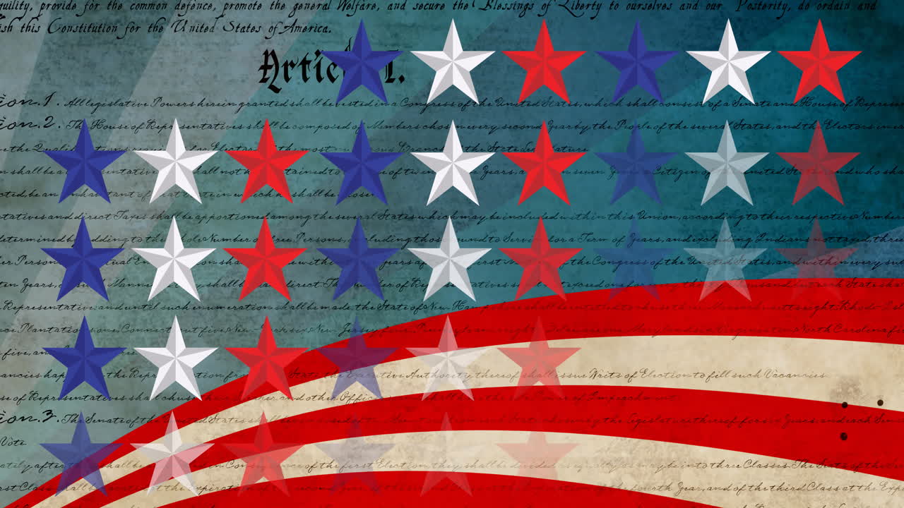 Animation of white, blue and red stars with constitution text and american flag in background