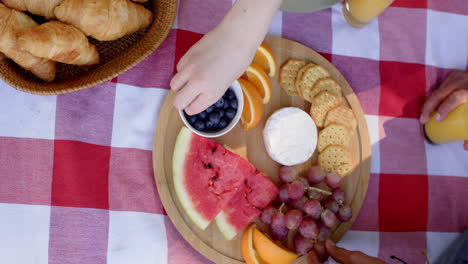 Midsection-of-diverse-couple-having-picnic-in-sunny-garden,-in-slow-motion