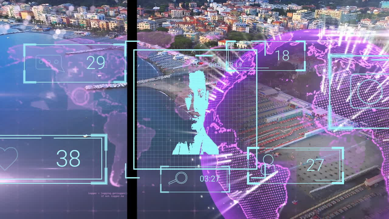 Animation of data processing with diverse people portraits over globe and cityscape