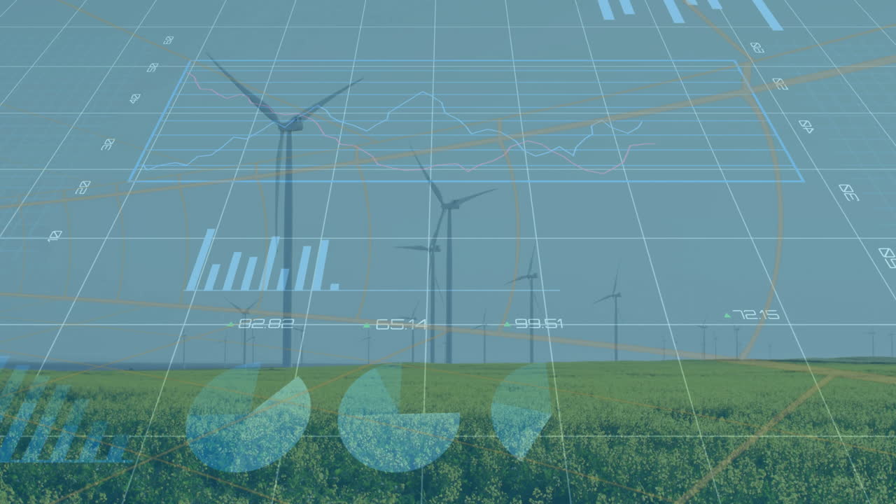 Wind turbines rotating above green field, displaying translucent energy dashboard charts in 3D