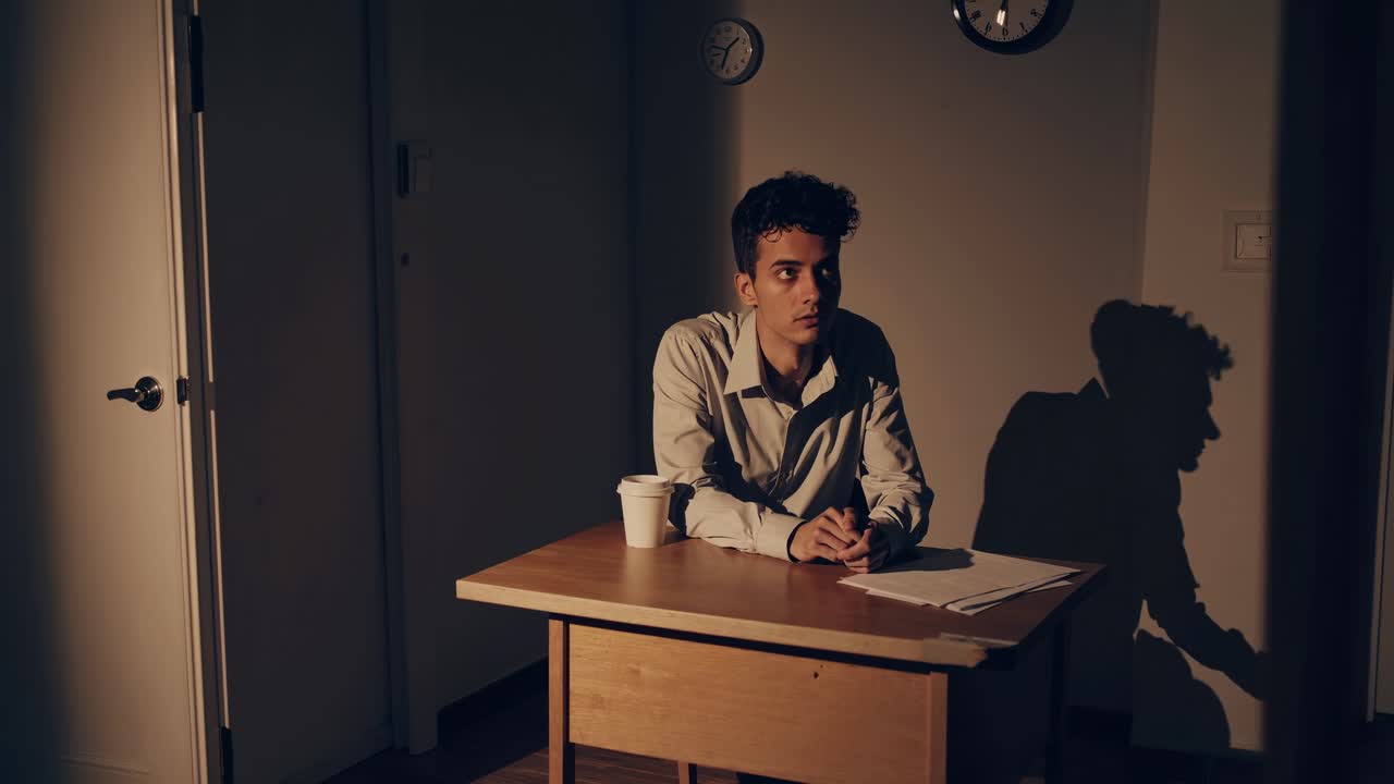 Moody video scene with a man at a desk, shot from a low angle
