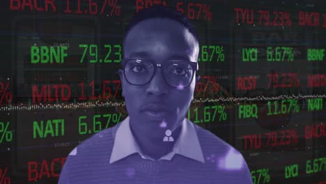 animation of statistics and financial data processing over african american man