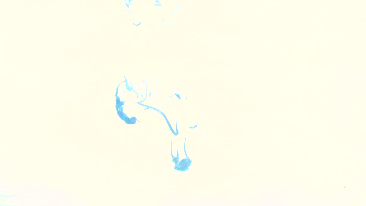 Drops of blue paint slowly fall through water. The footage is in slow motion.