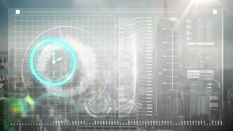 animation of neon ticking clock over digital interface with data processing against cityscape