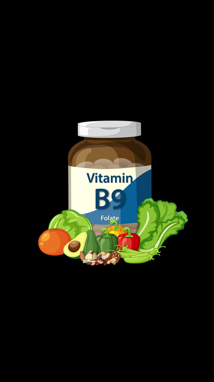 Appare un flacone di folato di Vitamina B9 con verdure, transizioni fluide, sfondo nero, stile vettoriale pulito