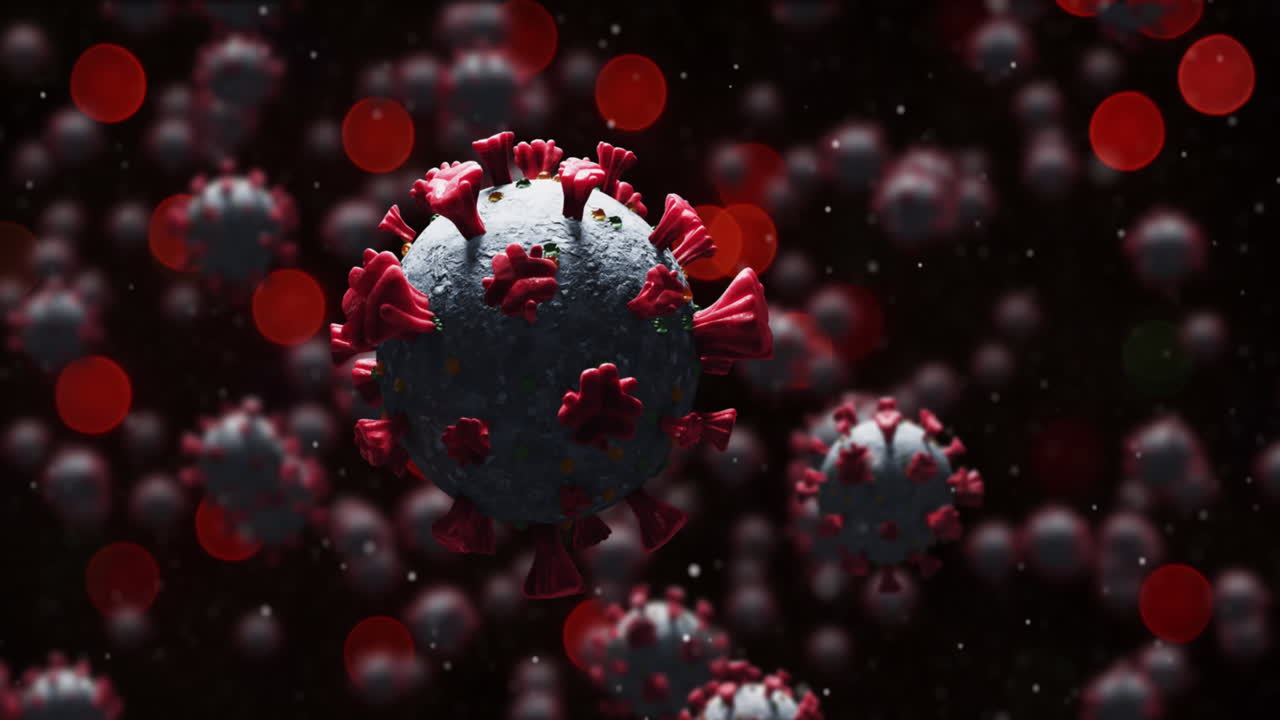 Animation of covid 19 cells moving over flickering red lights in the background