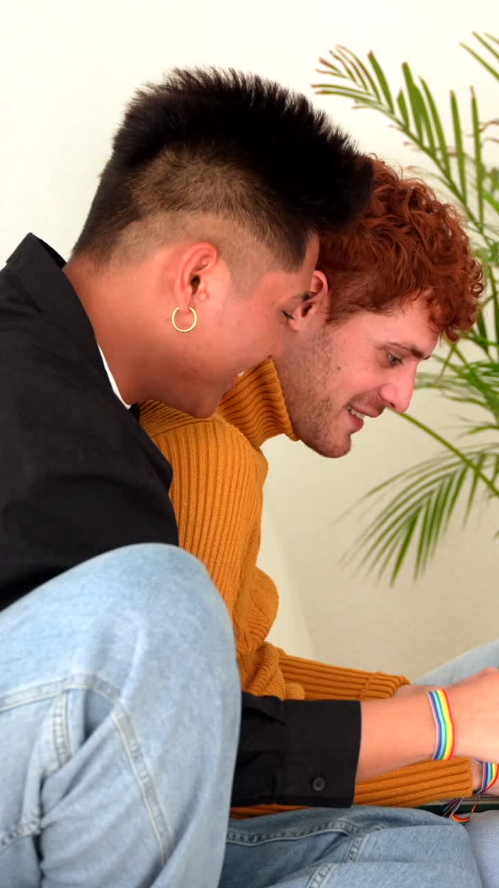 Gay couple looking at a laptop together