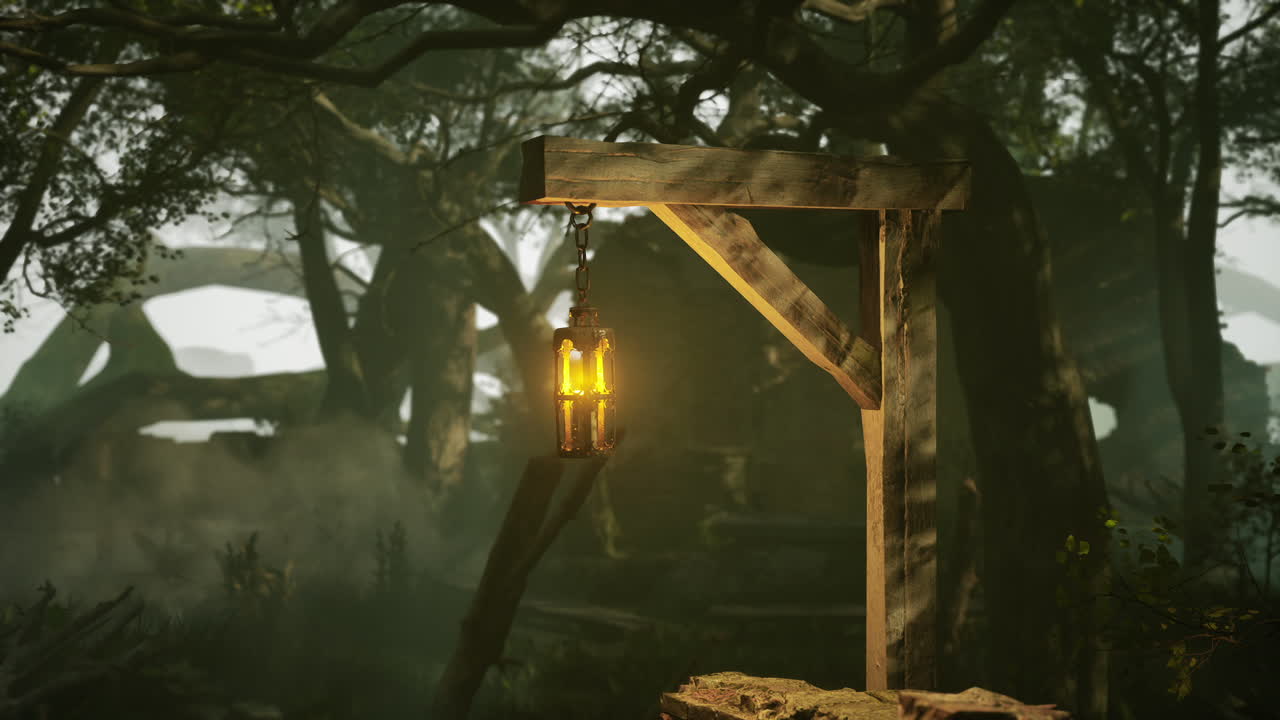 una linterna en un bosque de niebla