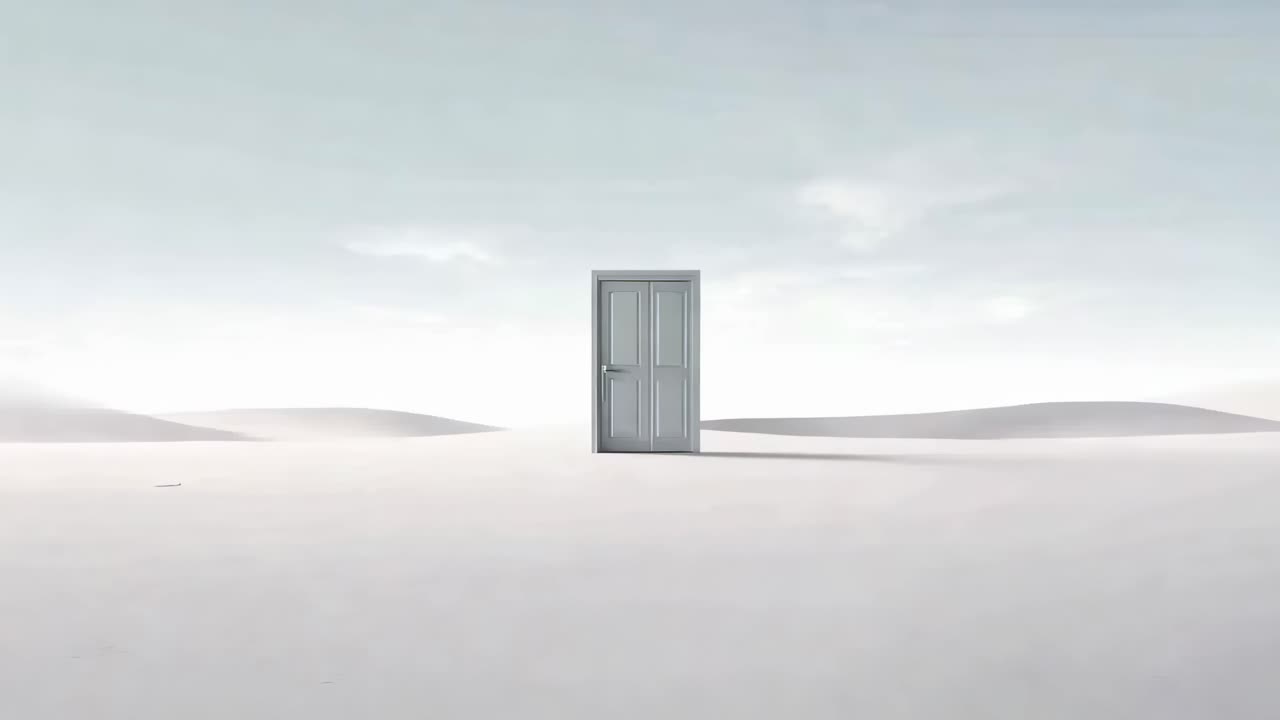 A surreal video concept with a lone door in a vast desert