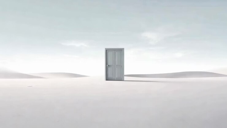 A surreal video concept with a lone door in a vast desert