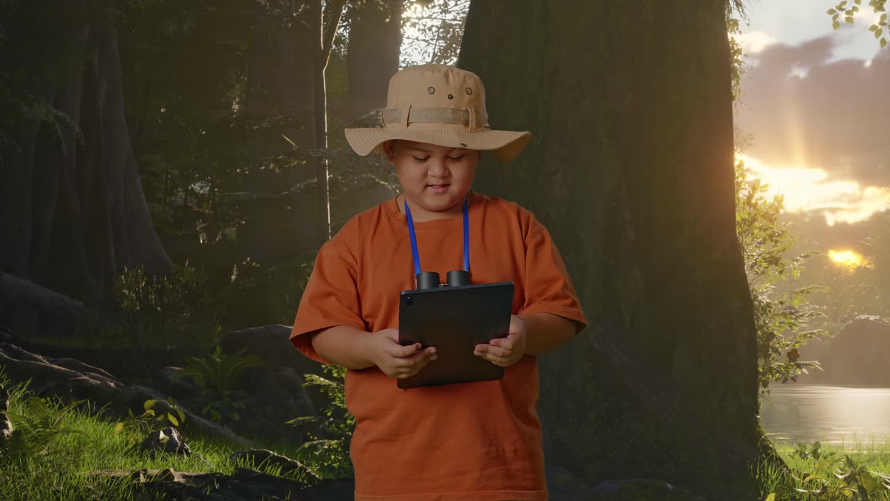 Asijský chlapec s kloboukem a dalekohledem, který používá tablet a usmívá se, zatímco prozkoumává lesní přírodu. Chlapec výzkumník něco zkoumá, koncept cestování, turistiky a dobrodružství.
