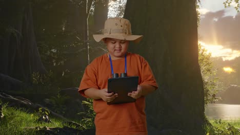 asian boy with a hat and binoculars using a tablet and smiling while exploring forest nature. boy researcher examines something, travel tourism adventure concept