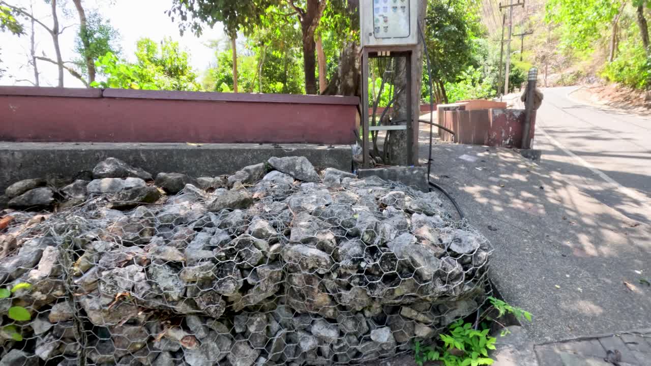Camera moves past monkey statue on sunlit temple path, lush greenery and stone wall visible